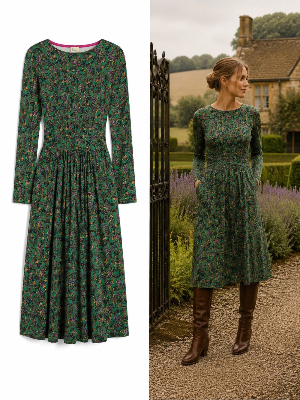 NWT Boden Green Floral Long-Sleeve Midi Dress size 10